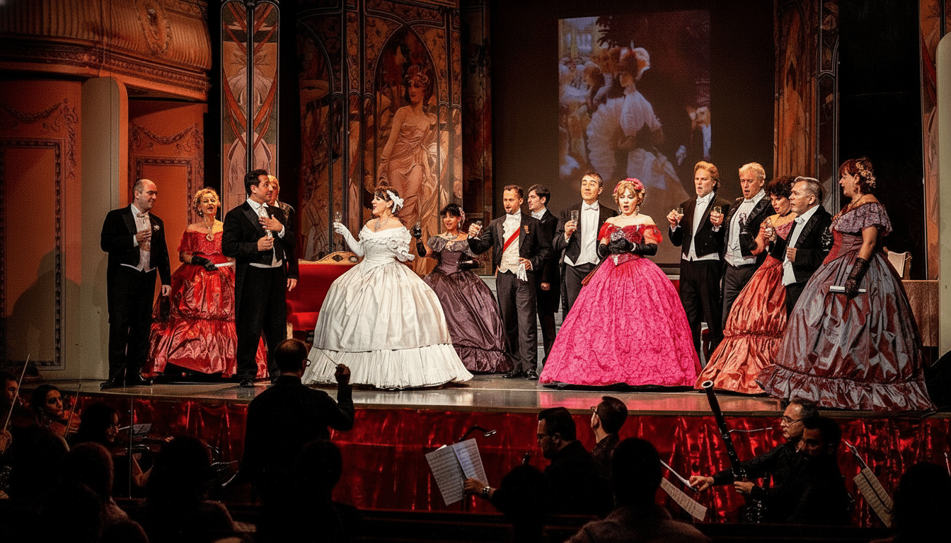 An opera performance with multiple singers in elaborate costumes on a stage, with an orchestra pit visible in the foreground.