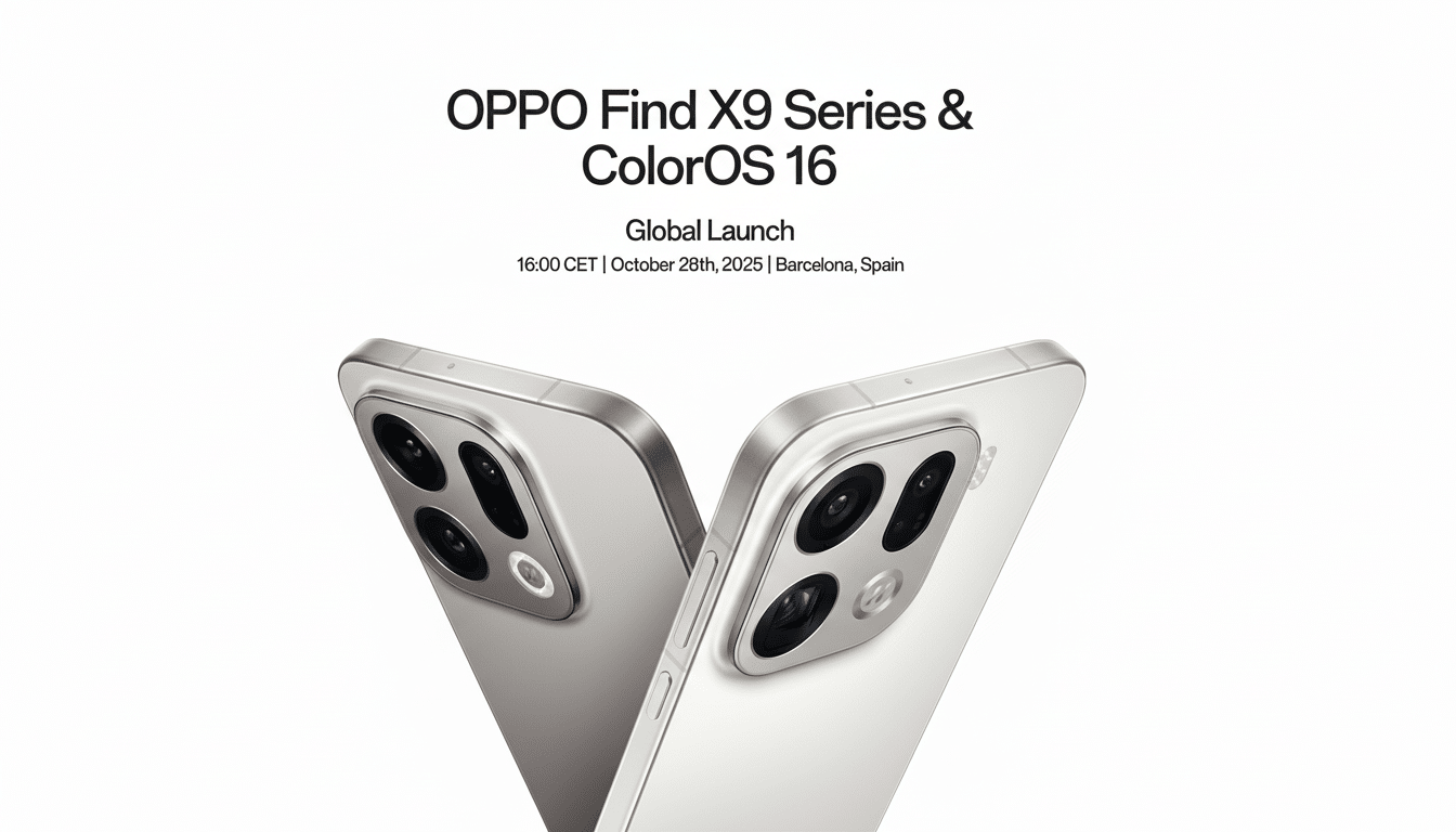 Two OPPO Find X9 smartphones , one silver and one grey, are shown with their camera arrays facing upwards, against a clean white background. The image also displays text announcing  OPPO Find X 9 Series & Color OS 16 Global Launch on October 28 th, 2 025, in Barcelona, Spain .