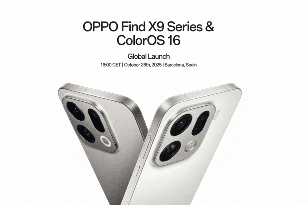 An advertisement for the OPPO Find X9 Series and ColorOS 1 6 Global Launch, scheduled for October 28th, 202 5, in Barcelona, Spain. Two smartphones, o