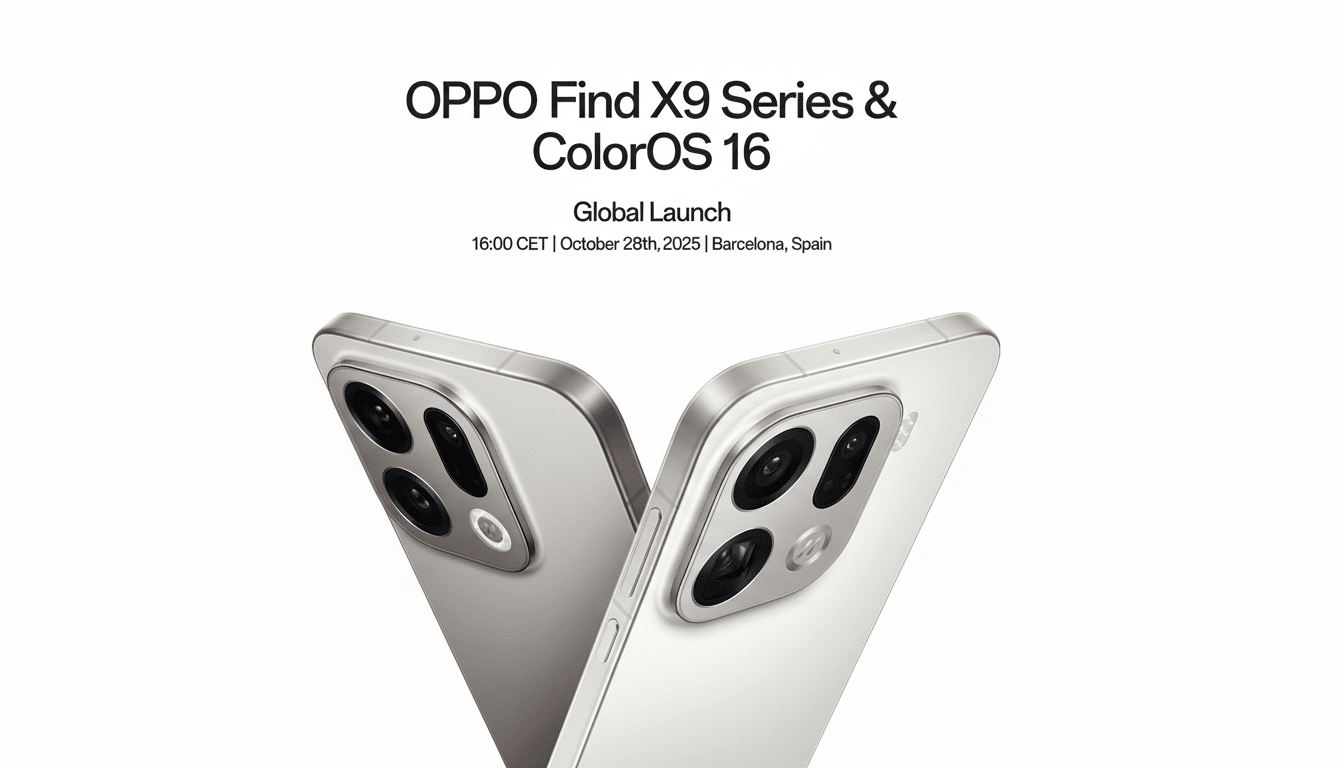 An advertisement for the OPPO Find X9 Series and ColorOS 1 6 Global Launch, scheduled for October 28th, 202 5, in Barcelona, Spain. Two smartphones, o