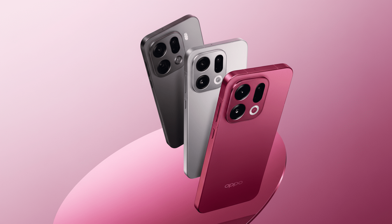 Three smartphones, one in dark gray, one in silver, and one in red, are displayed on a pink curved surface against a pink gradient background.