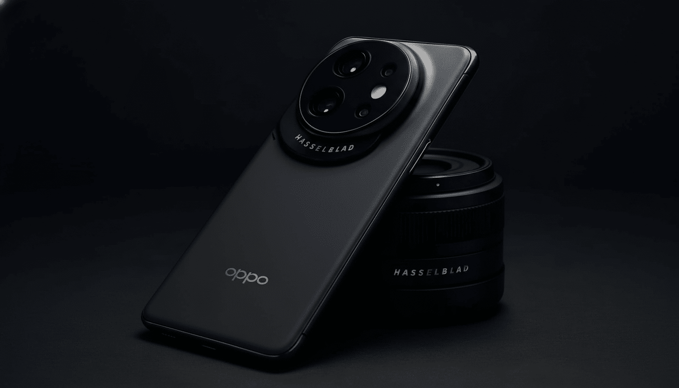 A professional , enhanced image of a black OPPO smartphone with a prominent Hasselblad camera module, presented against a dark, minimalist background.