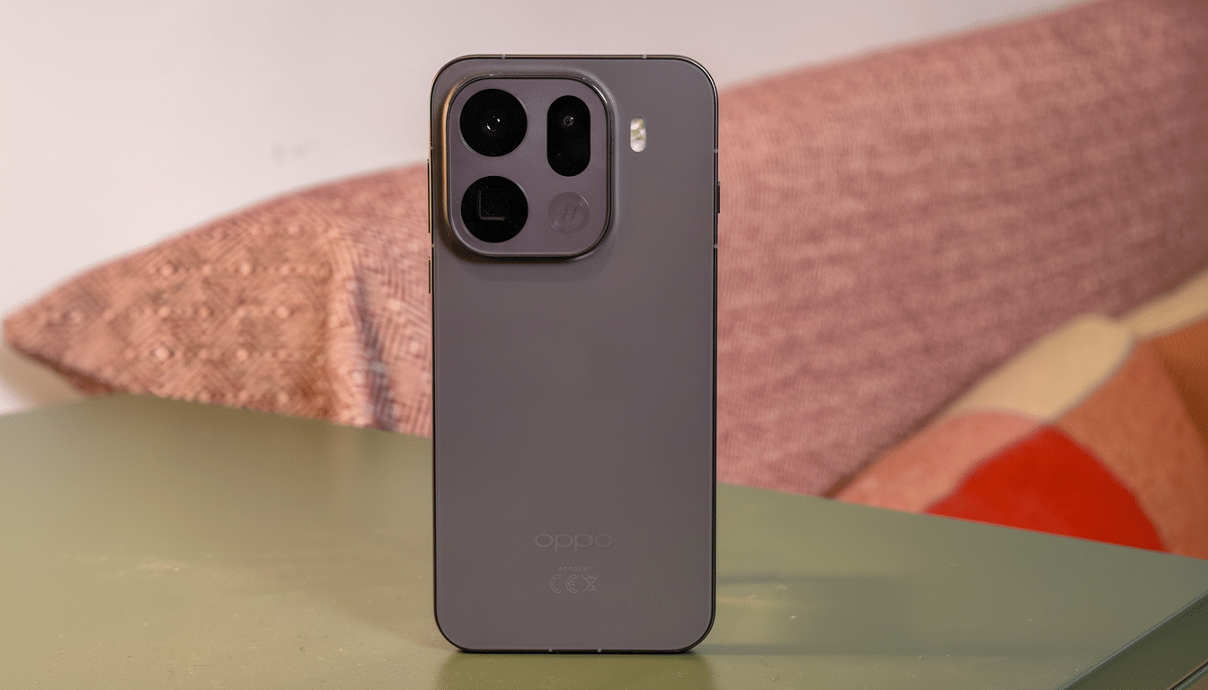 A grey smartphone with multiple cameras on its back, standing upright on a green surface with a blurry, patterned pink and red background.