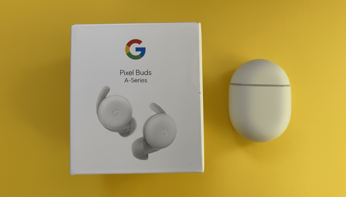 Google Pixel Buds A-Series box next to its white charging case on a yellow background, resized to 16: 9 aspect ratio.