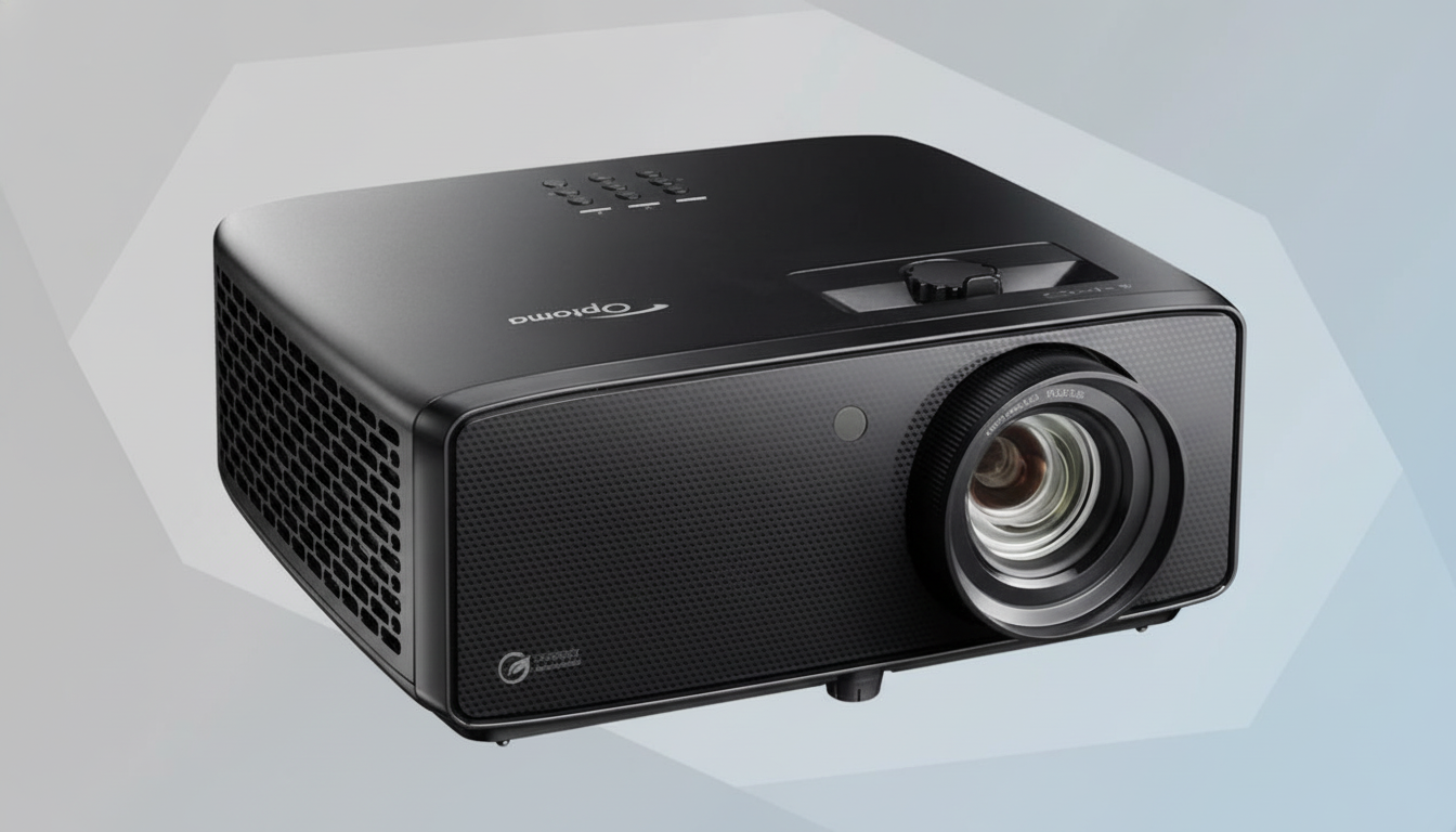 A black Optoma projector with a textured front panel and a large lens, set against a professional flat design background with soft blue and gray gradients.