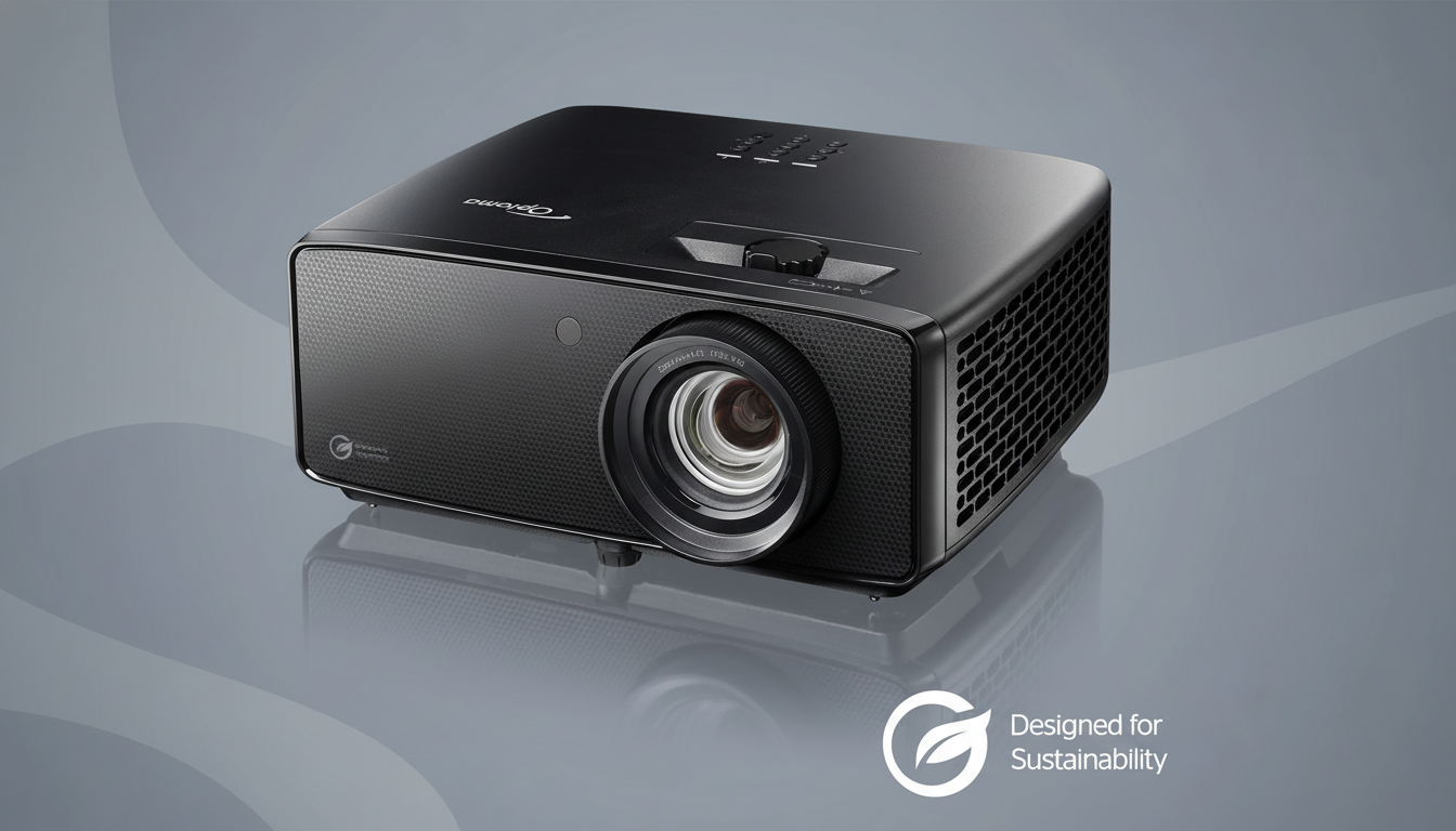 A black Optoma projector is angled on a reflective gray surface, with a subtle gray patterned background. The Designed for Sustainability logo is in the bottom right corner.