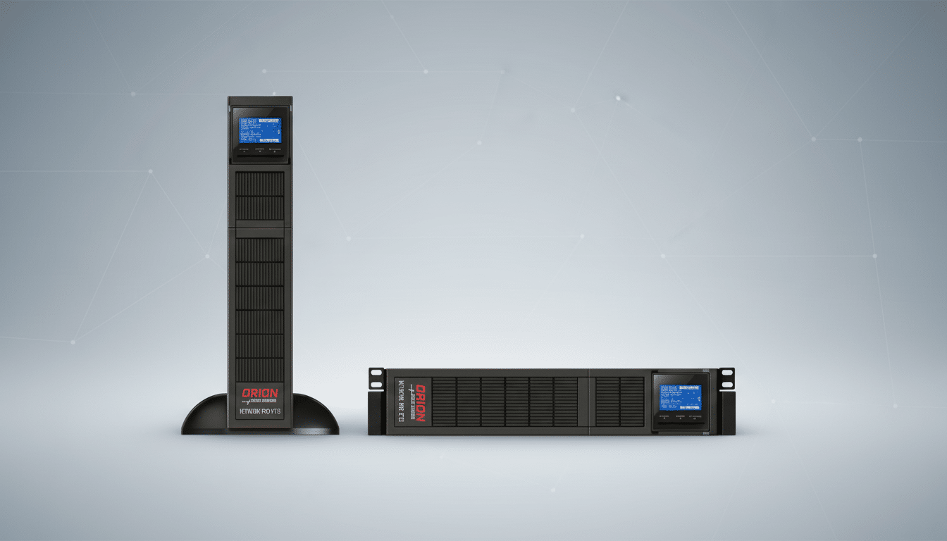 Two Orion network pro rack mount UPS systems, one vertical and one horizontal, against a professional flat design background with soft patterns.