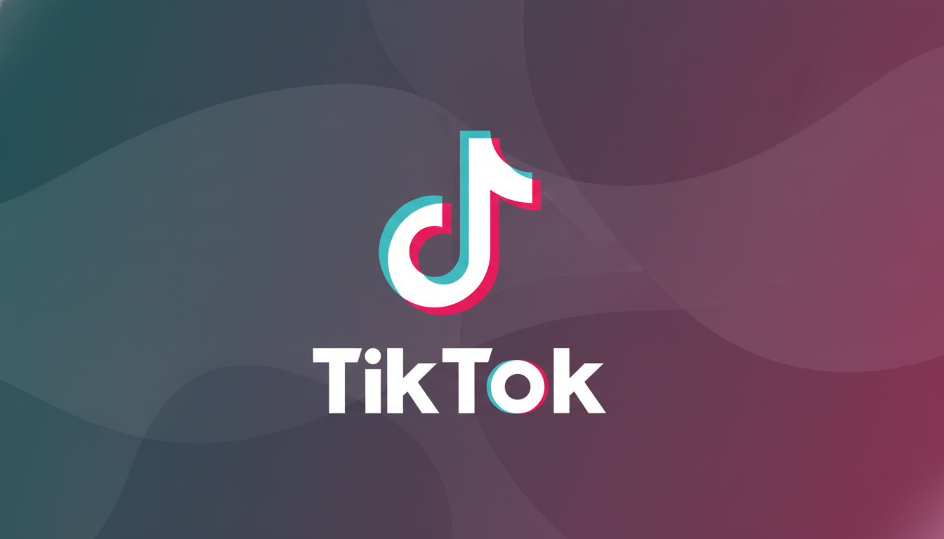 The TikTok logo, featuring a white musical note with cyan and magenta shadows, centered on a professional 16:9 background with a gradient from dark gray to muted pink and subtle wave patterns.