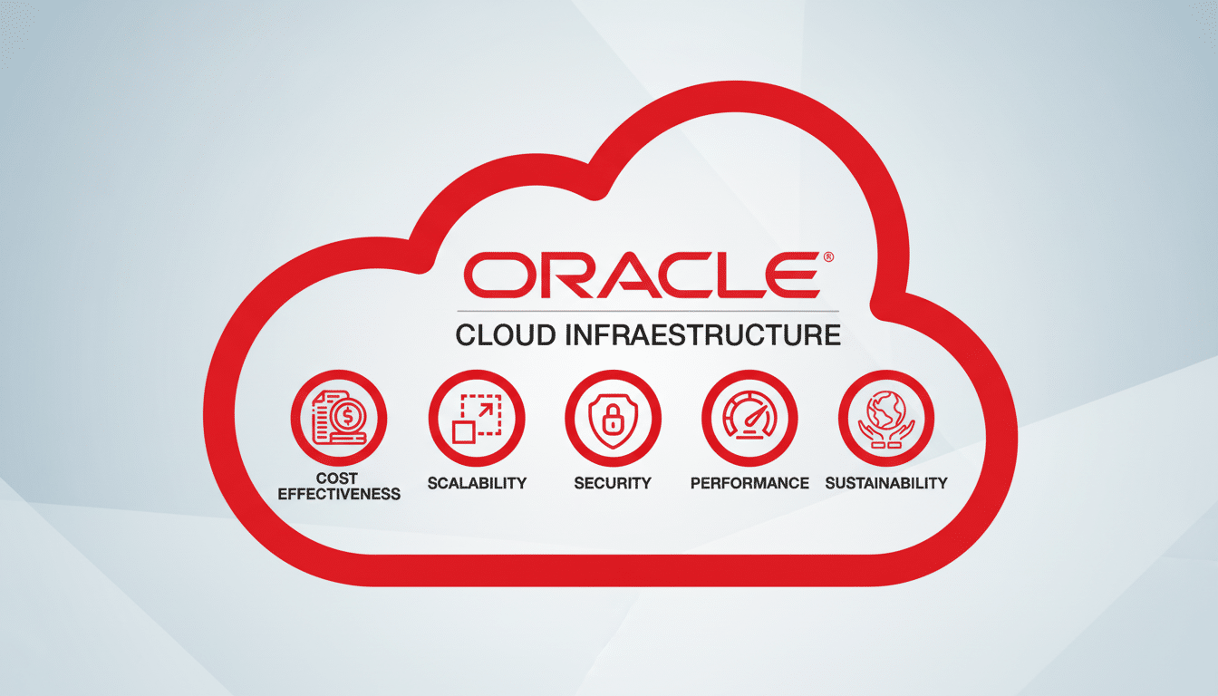 Oracle Cloud Infrastructure logo and five key benefits: cost effectiveness, scalability, security, performance, and sustainability, presented in a clo
