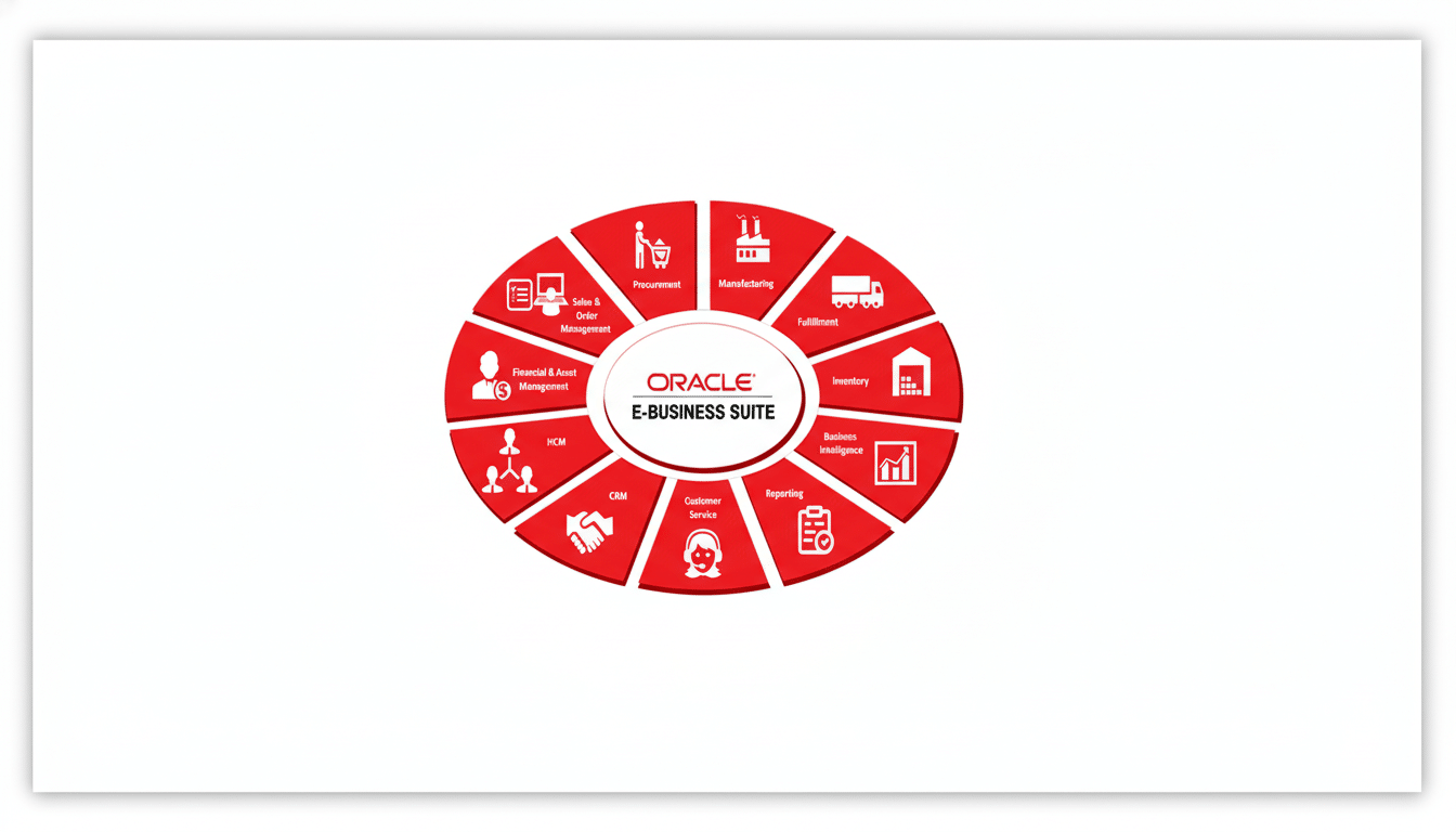 A professional visual representation of the Oracle E-Business Suite with a flat , light grey background and subtle white lines creating a minimal pattern. The central oval contains the ORACLE E- BUSINESS SUITE logo. Surrounding it are 12 red segments , each with a white icon and text label representing different business functions like Procurement, Manufacturing , Fulfillment, Inventory , Business Intelligence, Reporting, Customer Service , CRM, HCM , Financial & Asset Management, and Sales & Order Management .