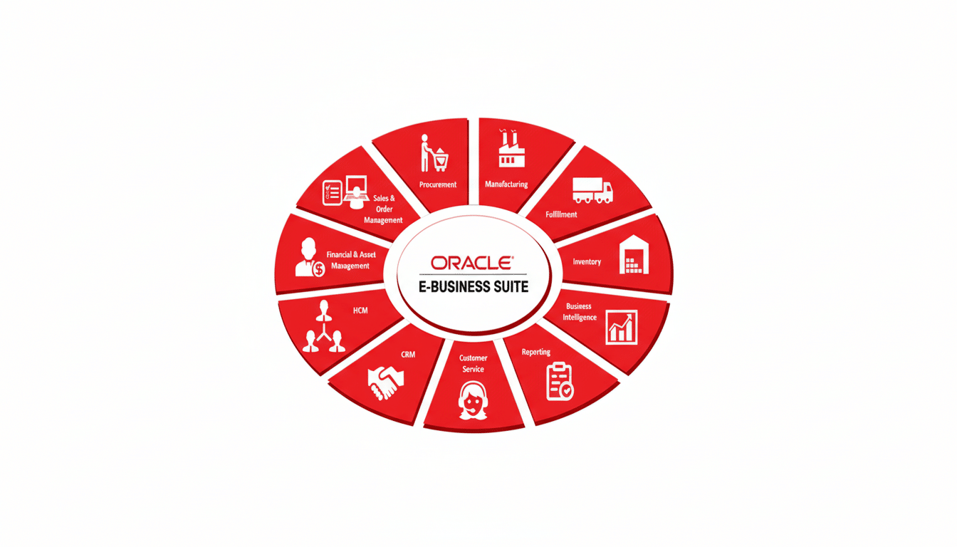 An Oracle E-Business Suite diagram showing various business functions arranged in a red, circular flow chart with white icons and text on a white back