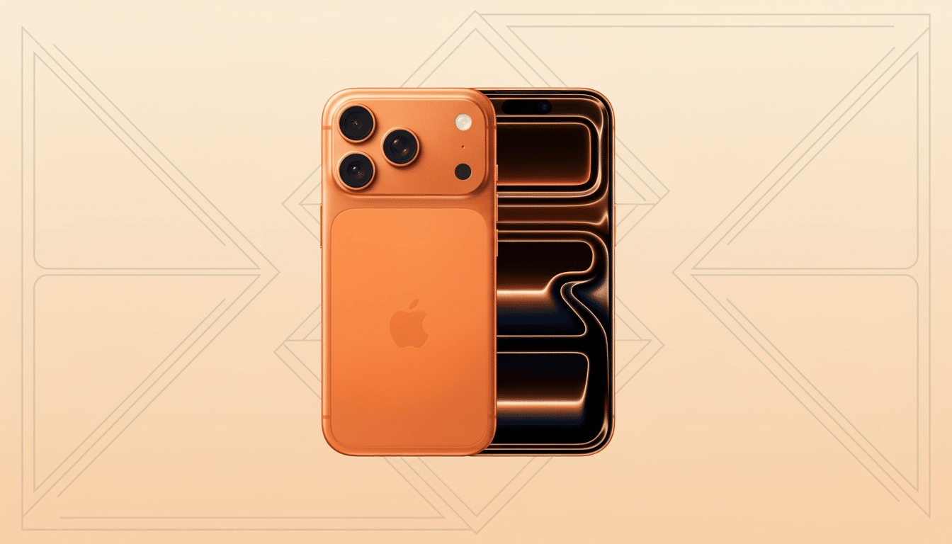 Two orange iPhones, one facing front and one facing back , arranged on a soft , pe achy gradient background with subtle geometric patterns.