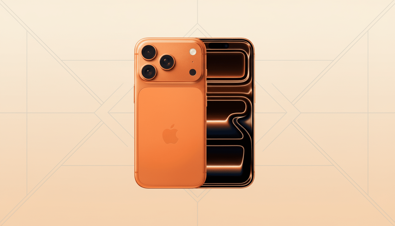 An orange iPhone is shown from the back, with another iPhone behind it displaying a glowing interface on its screen, set against a soft, professionally designed background with subtle geometric patterns.