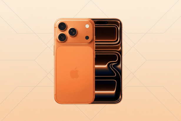 An orange iPhone with its back facing forward , and another phone behind it showing a dark screen with glowing orange lines, all against a professional peach - colored flat design background with subtle geometric patterns.