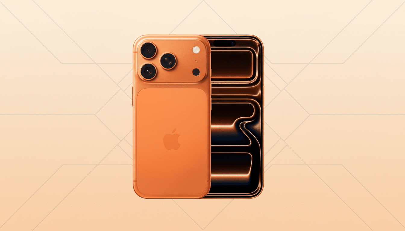 An orange iPhone with its back facing forward , and another phone behind it showing a dark screen with glowing orange lines, all against a professional peach - colored flat design background with subtle geometric patterns.