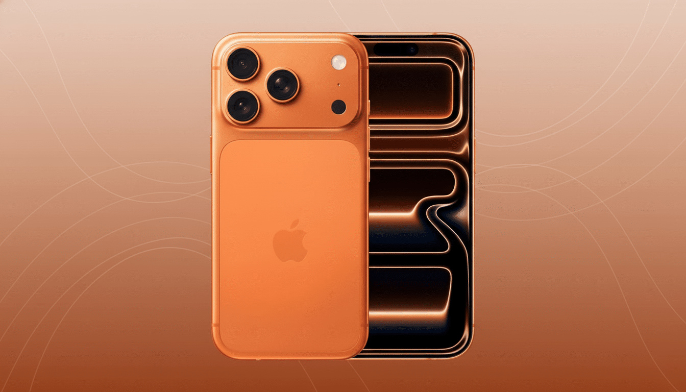 A professional shot of an orange iPhone with a professional flat design background and soft patterns.