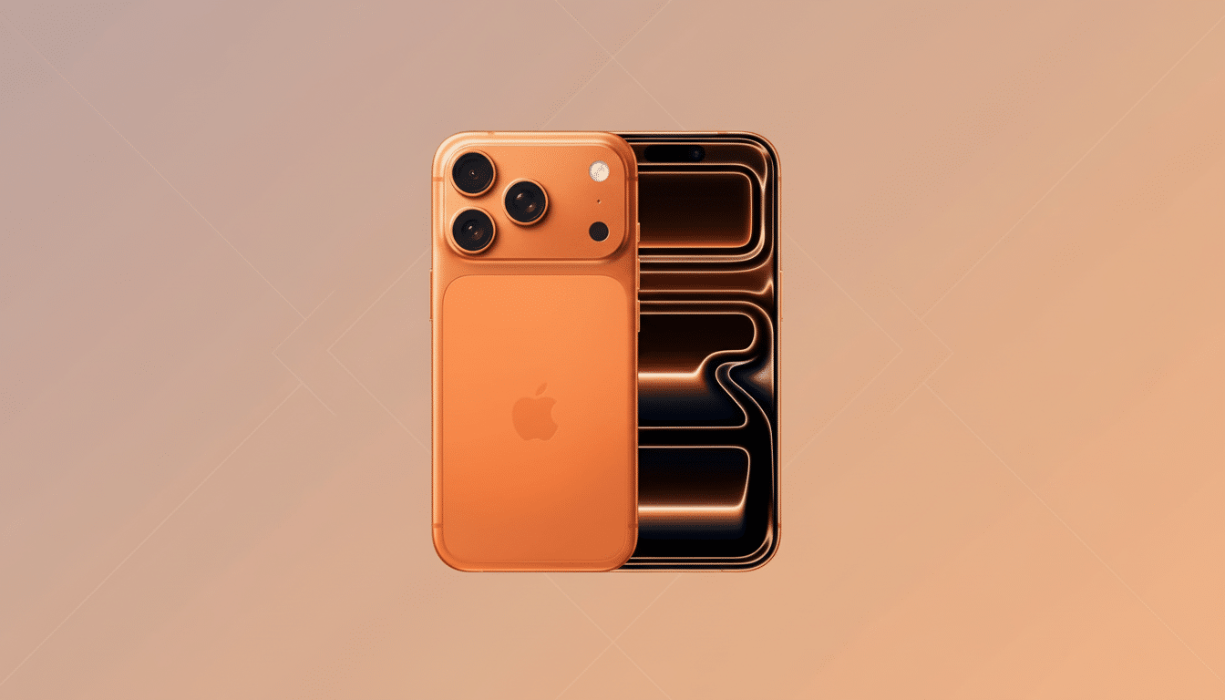 An orange iPhone with three cameras on the back and a glowing screen on the front, set against a professional flat design background with soft patterns and a gradient. Filename : orangeiphone professionaldisplay .png