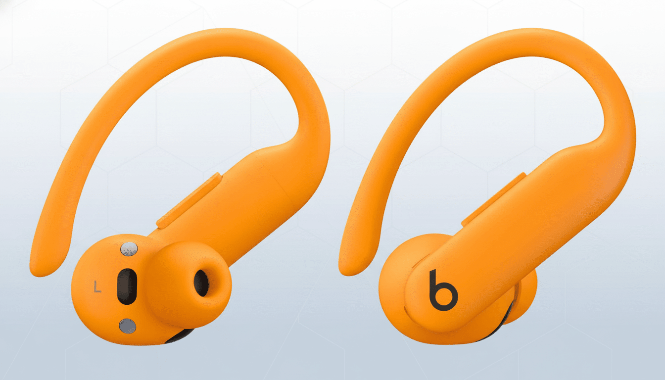 A pair of orange Powerbeats Pro wireless earbuds presented with a modern, professional light gray background featuring a subtle hexagonal pattern. The left ear bud shows the inner ear tip and controls , while the right earbud displays the ' b' logo.