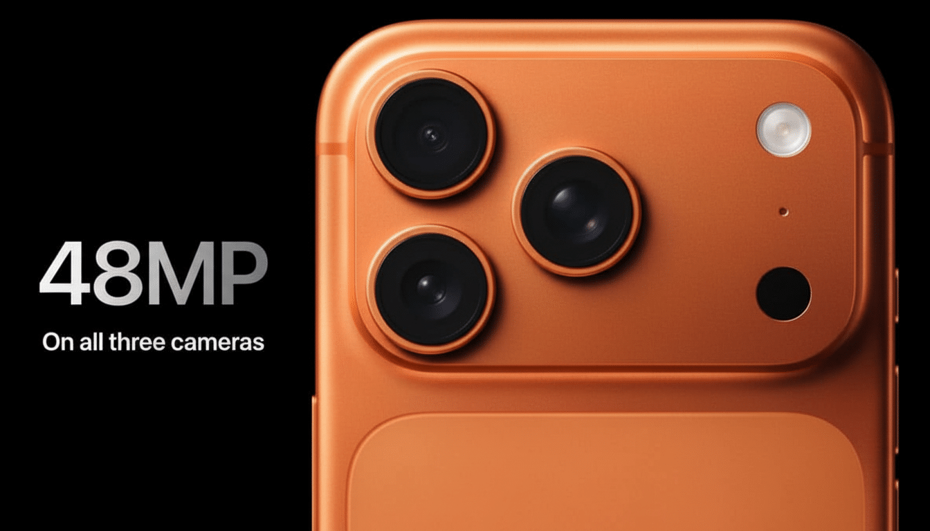 Close -up of an orange smartphone featuring three prominent camera lenses, with 48MP On all three cameras text on a black background.