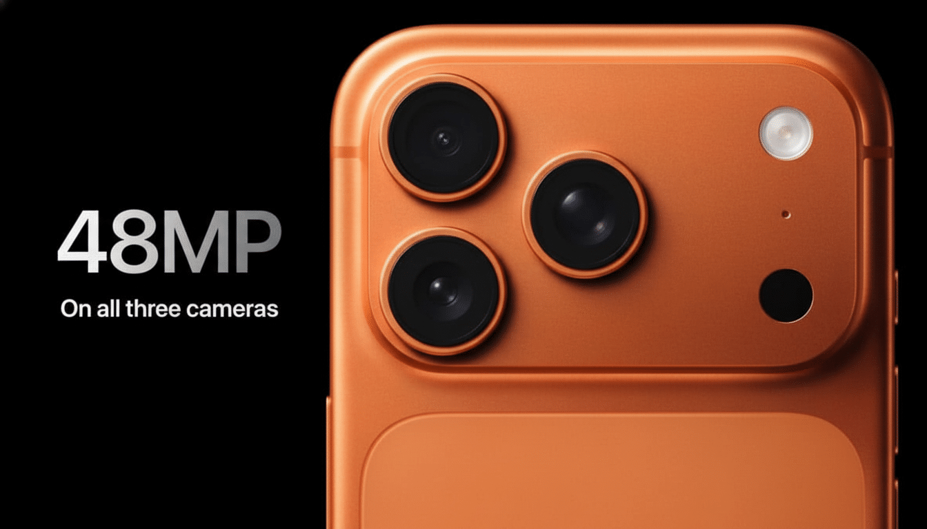 Close -up of an orange smartphone featuring three prominent camera lenses and a flash, with 48MP On all three cameras text on a black background.