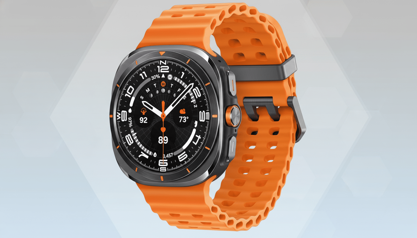 A modern smartwatch with an orange band and a dark gray casing , featuring a digital watch face displaying time, weather, and fitness data, set against a subtle , professional background.