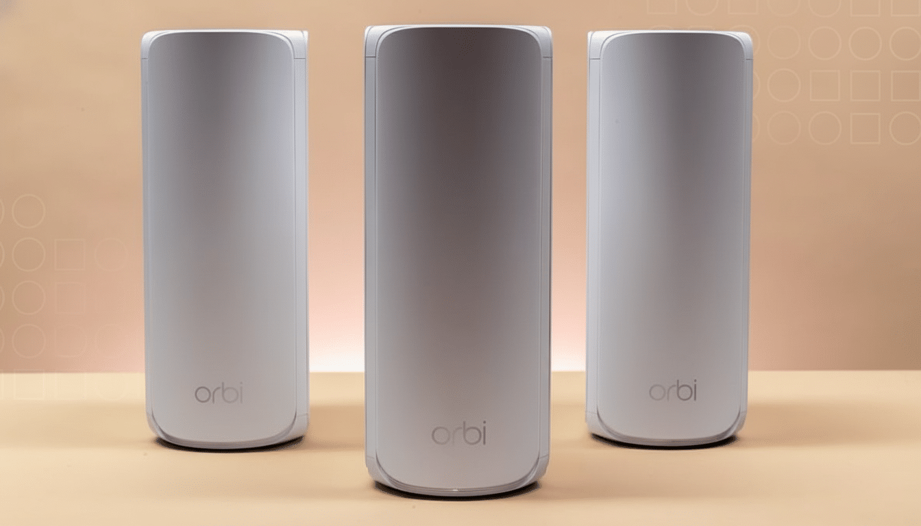 Three white Orbi mesh WiFi units are shown on a light brown surface with a subtle geometric pattern in the background .