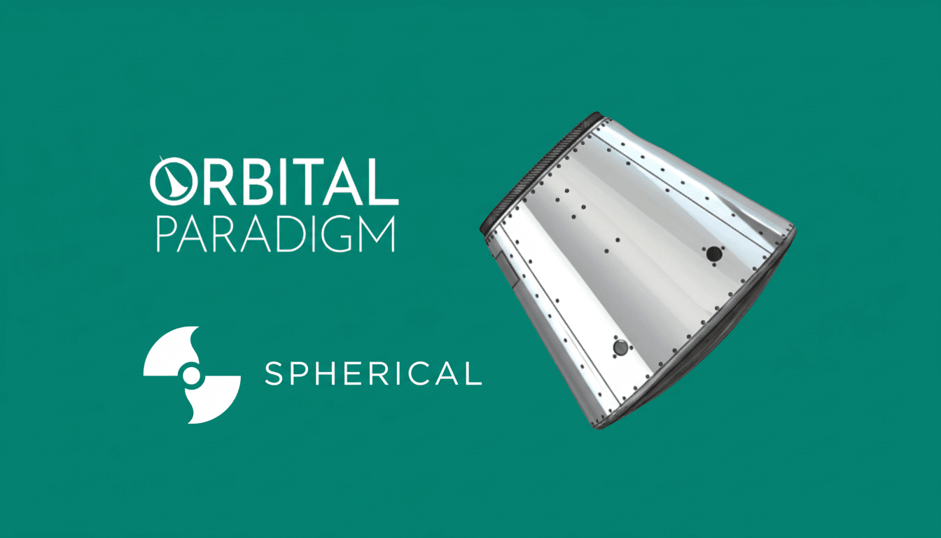 Orbital Paradigm and Spherical logos with a spacecraft capsule on a teal background .