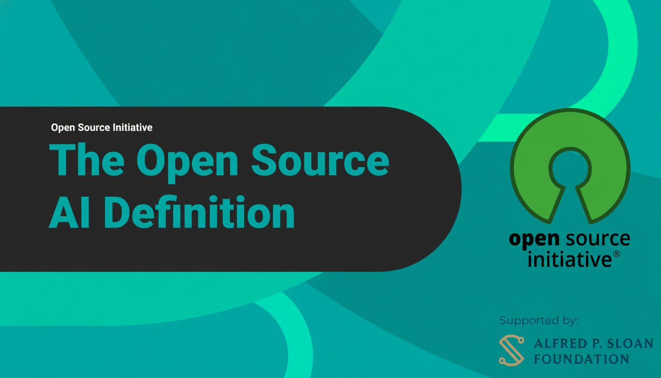 A professional slide with the title The Open Source AI Definition and the Open Source Initiative logo on a teal and dark green background.