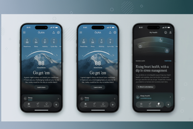 A professional flat design background with a soft gradient behind three iPhone screens displaying the Oura app interface. The left screen shows a Read