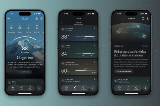 A professional display of three iPhone screens showcasing the Oura app 's health tracking features, including readiness , vit als, and sleep health data, presented with a clean , light gradient background. Filename : oura apphealth trackingscreens .png