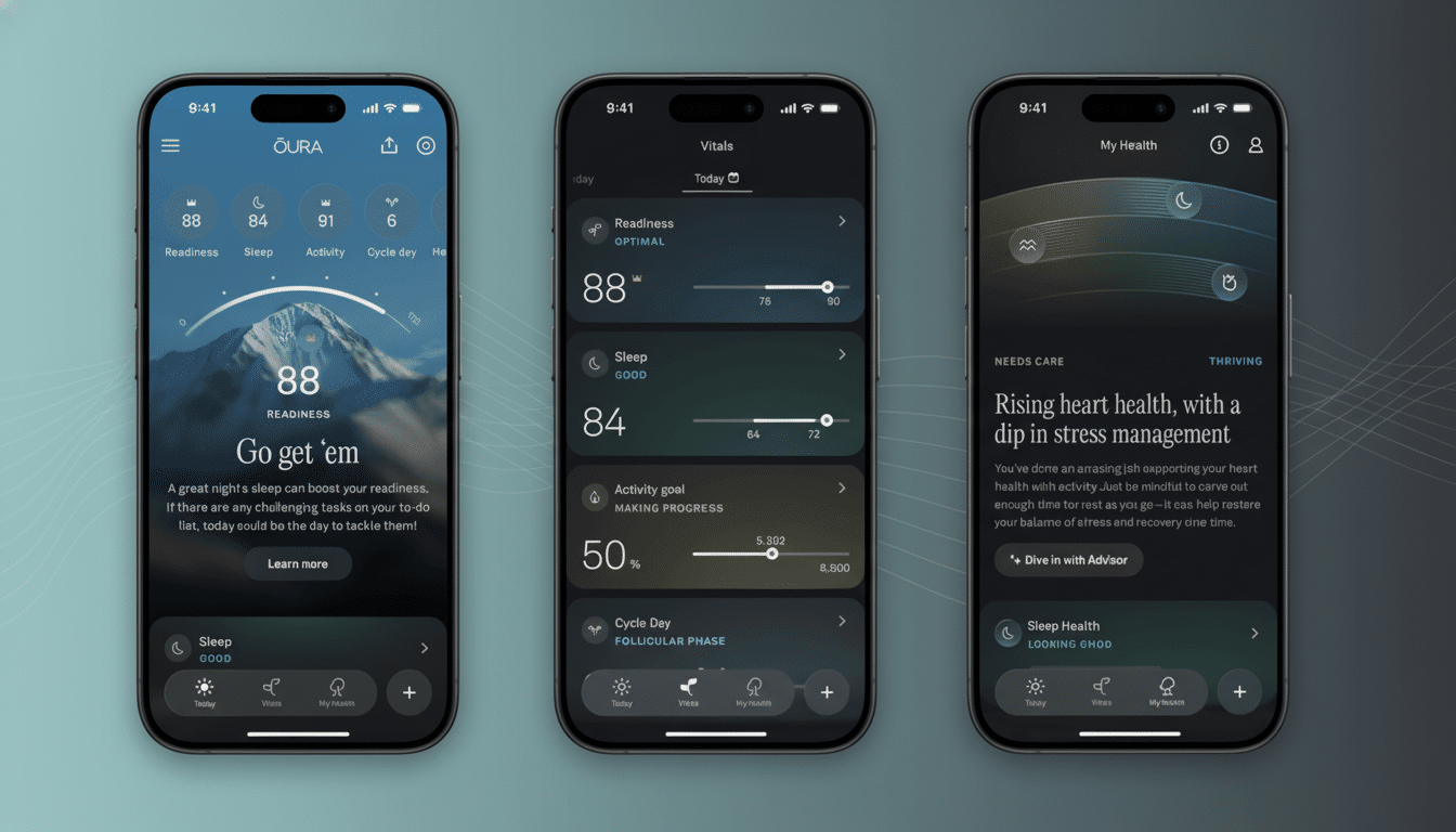 A professional display of three iPhone screens showcasing the Oura app 's health tracking features, including readiness , vit als, and sleep health data, presented with a clean , light gradient background. Filename : oura apphealth trackingscreens .png