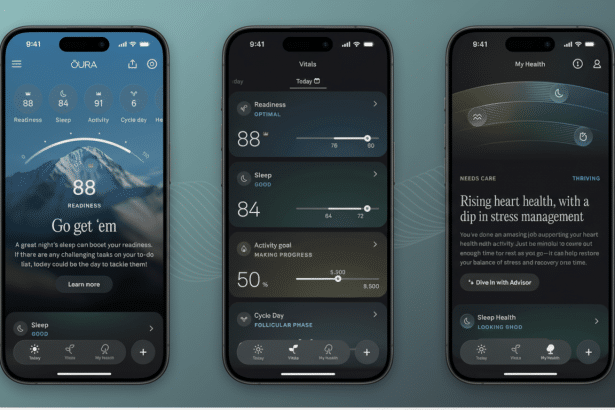 A professional display of three iPhone screens showcasing the Oura ring app interface . The left screen shows a readiness score of 88, with a Go get 'em message and information about sleep and activity . The middle screen displays vitals including readiness (optimal ), sleep (good ), activity goal ( making progress at 50%), and cycle day ( follicular phase ). The right screen presents My Health with a headline Rising heart health, with a dip in stress management.