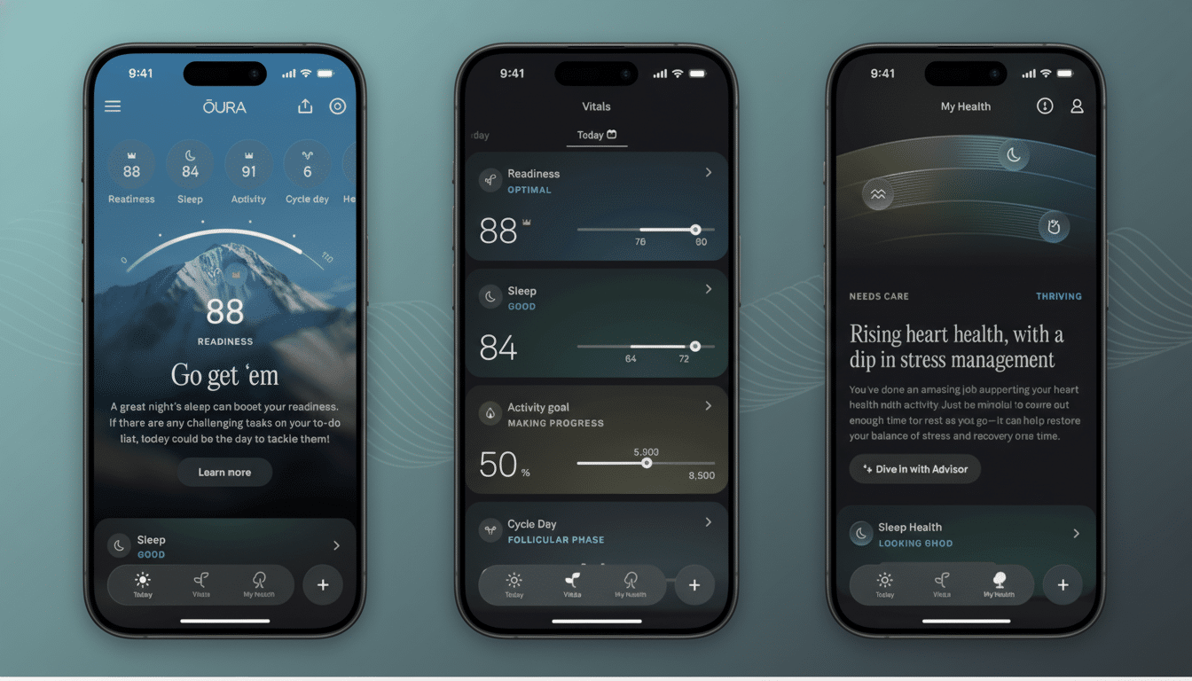 A professional display of three iPhone screens showcasing the Oura ring app interface . The left screen shows a readiness score of 88, with a Go get 'em message and information about sleep and activity . The middle screen displays vitals including readiness (optimal ), sleep (good ), activity goal ( making progress at 50%), and cycle day ( follicular phase ). The right screen presents My Health with a headline Rising heart health, with a dip in stress management.