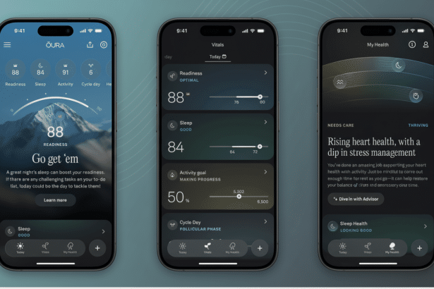 A 16:9 aspect ratio image featuring three iPhone screens displaying the Oura app 's health tracking features. The first screen shows a Read iness score of 88, with a mountain background . The second screen shows detailed vitals including readiness, sleep, activity goal , and cycle day . The third screen displays a My Health overview with Rising heart health and Sleep Health sections.