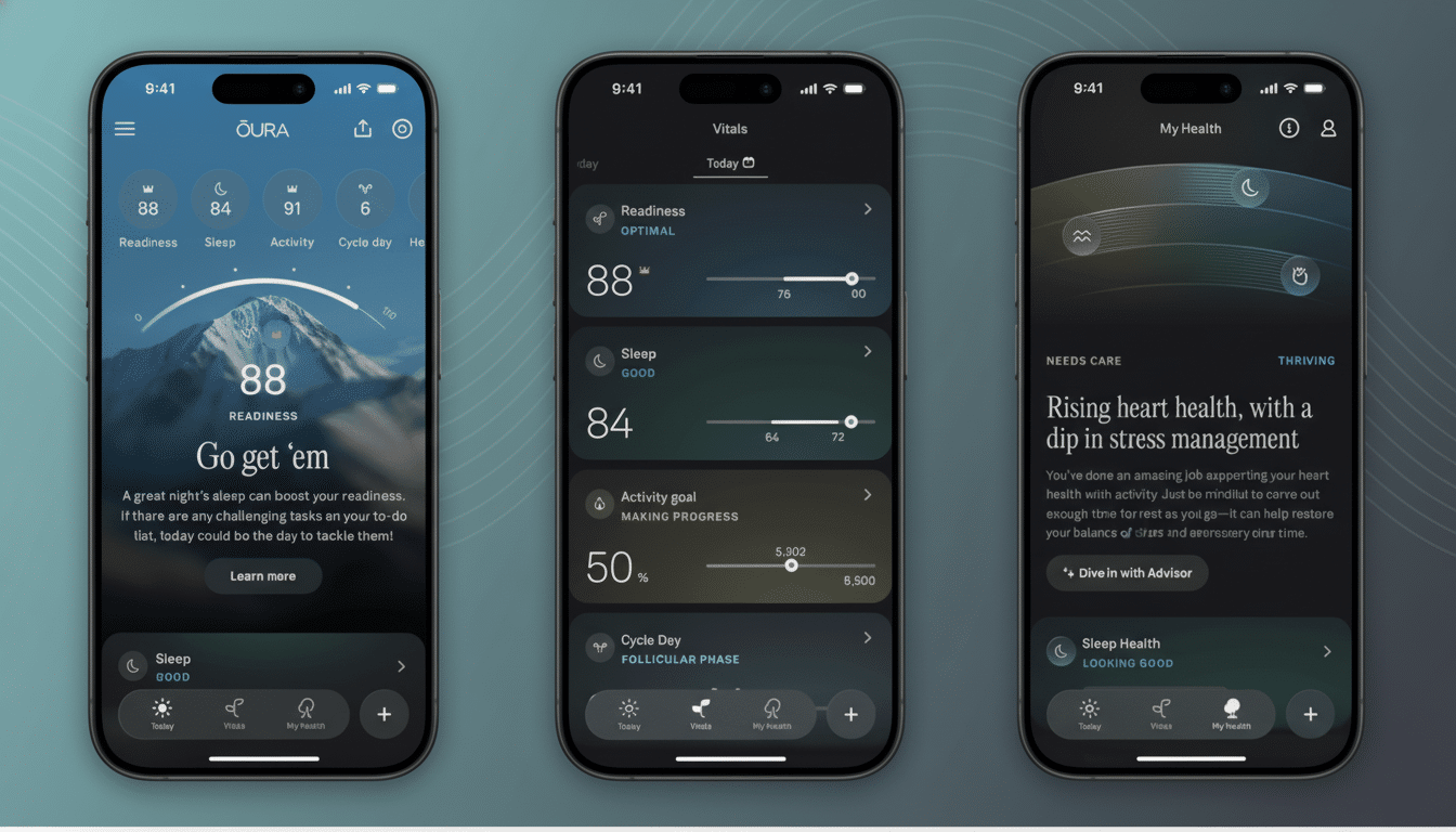 A 16:9 aspect ratio image featuring three iPhone screens displaying the Oura app 's health tracking features. The first screen shows a Read iness score of 88, with a mountain background . The second screen shows detailed vitals including readiness, sleep, activity goal , and cycle day . The third screen displays a My Health overview with Rising heart health and Sleep Health sections.