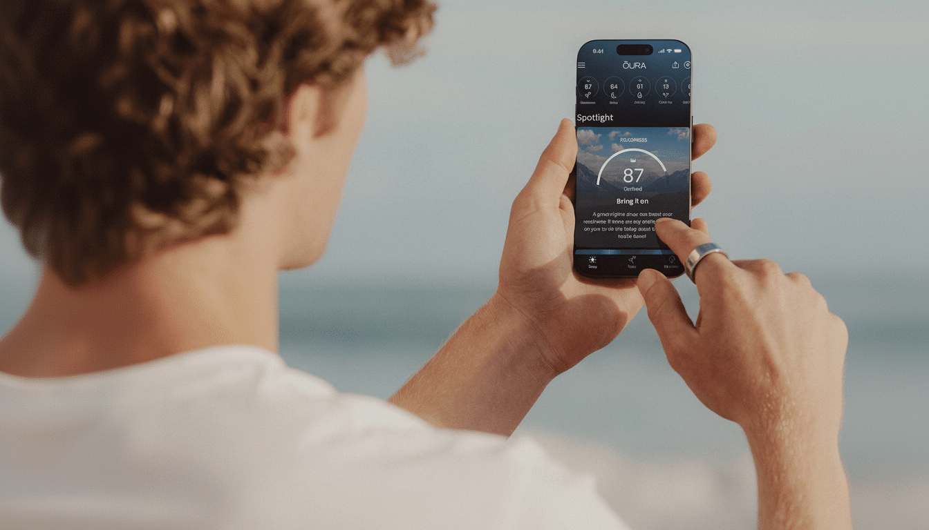 A person holding a smartphone displaying the Oura app with a readiness score of 87, set against a blurred background of a sunny outdoor scene. Filename : oura appreadiness score. png