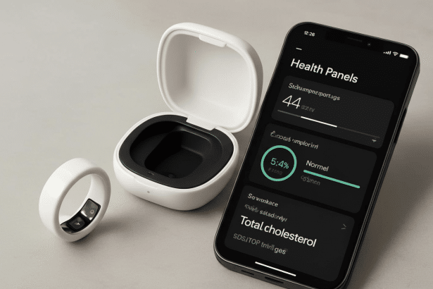 A white smart ring and its charging case are displayed next to a smartphone showing a health monitoring app with Health Panels and Total cholesterol v