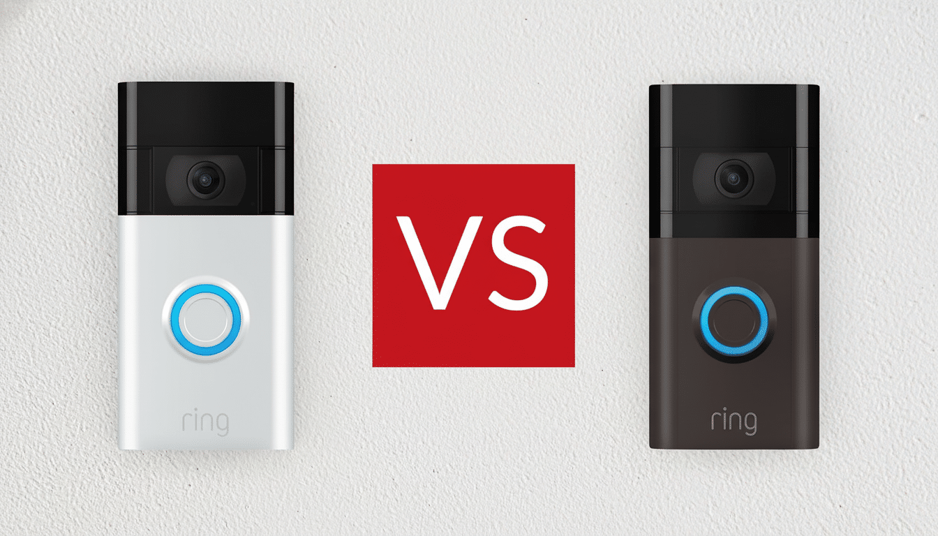 An image showing a white Ring doorbell and a brown Ring doorbell with a red VS box in between the