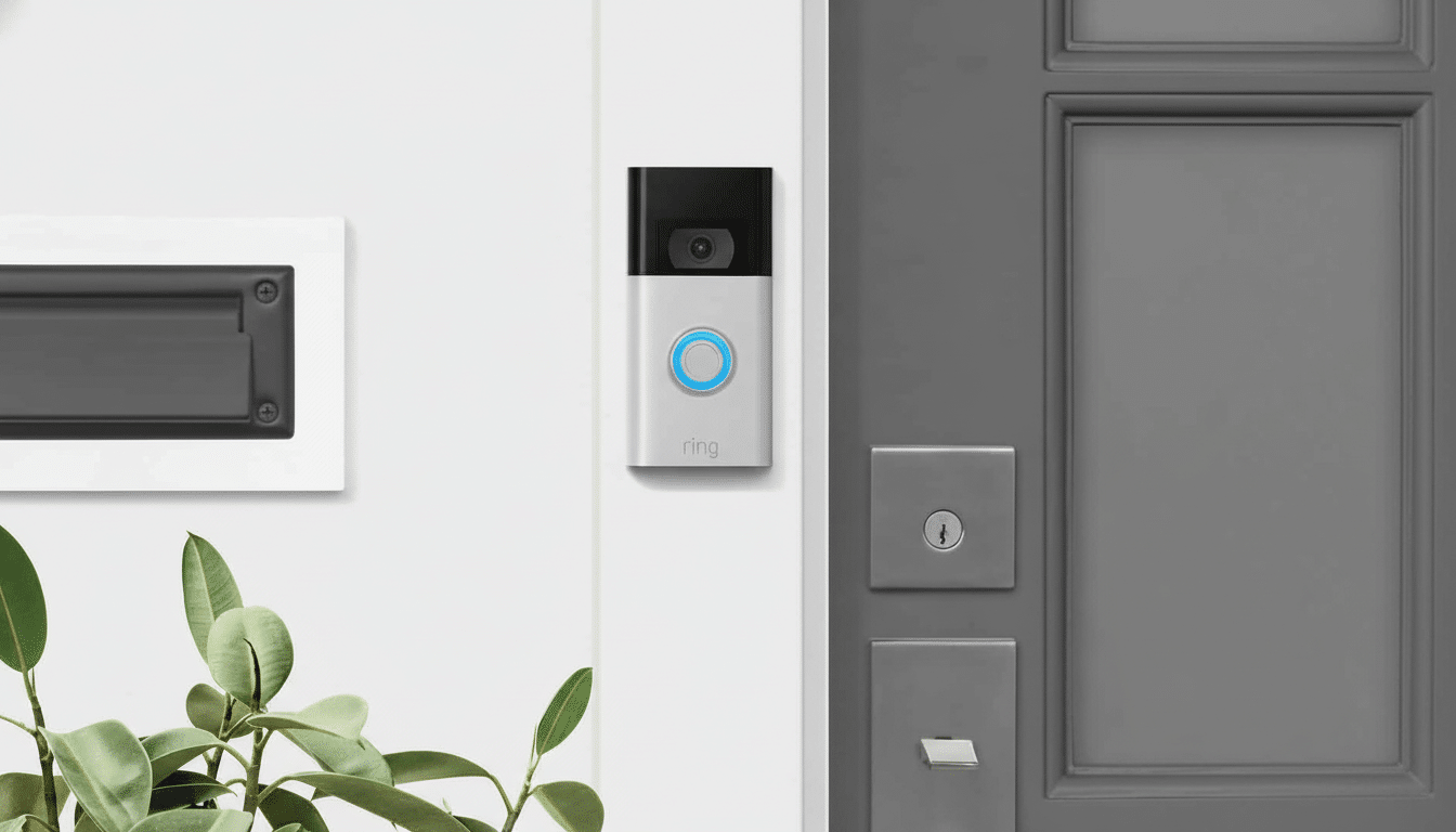 A Ring doorbell with a glowing blue light , mounted on a white wall next to a gray door and an intercom system . A green plant is visible in the foreground .