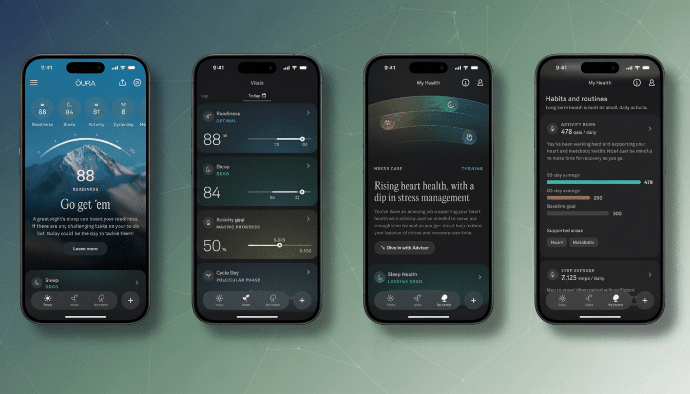 Four iPhones displaying health and wellness app interfaces , showcasing readiness , vitals, stress management, and habits. Filename : health appinterfaces . png