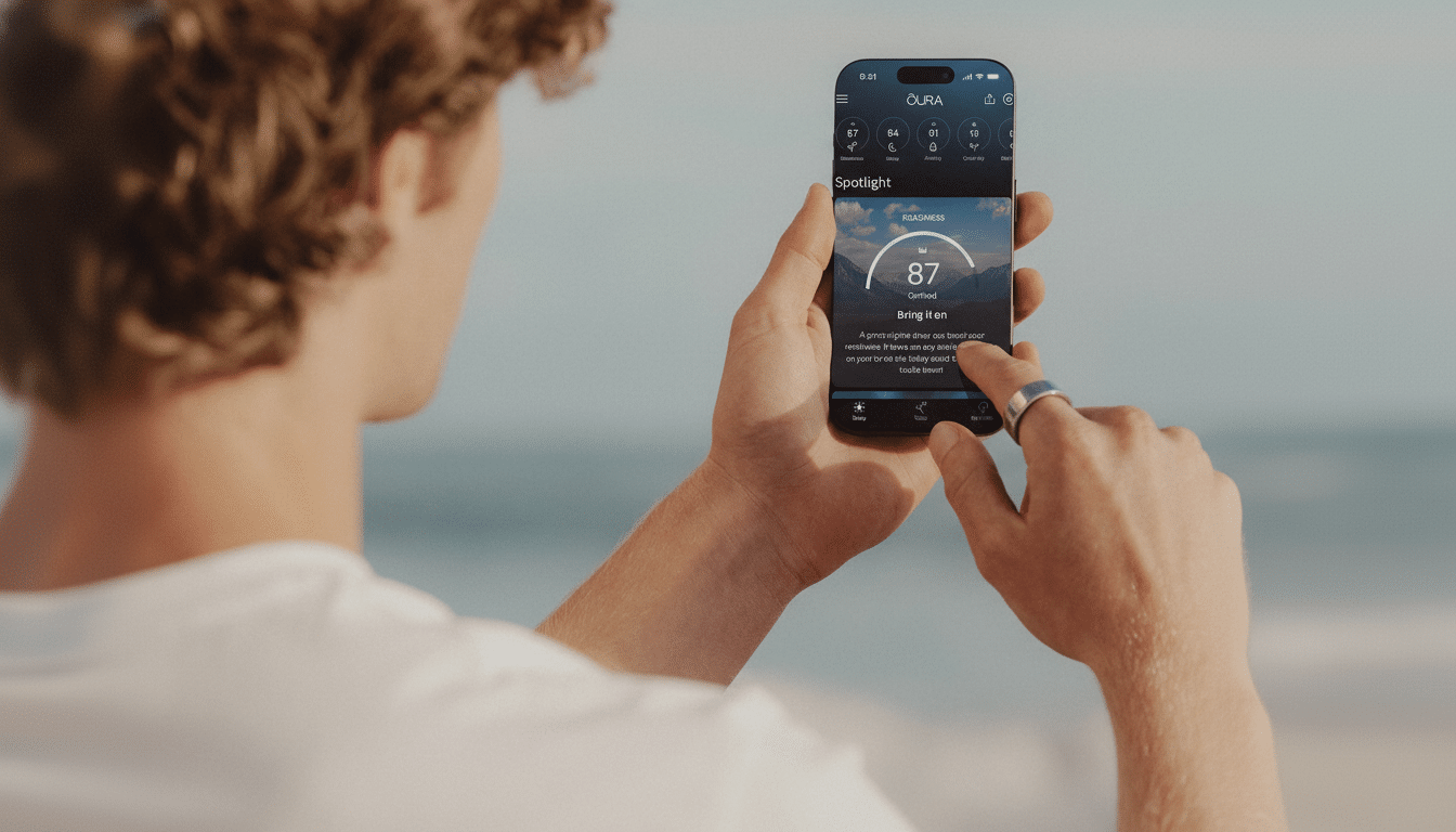 A person holding a smartphone displaying the Oura app 's readiness score , with a beach in the background .