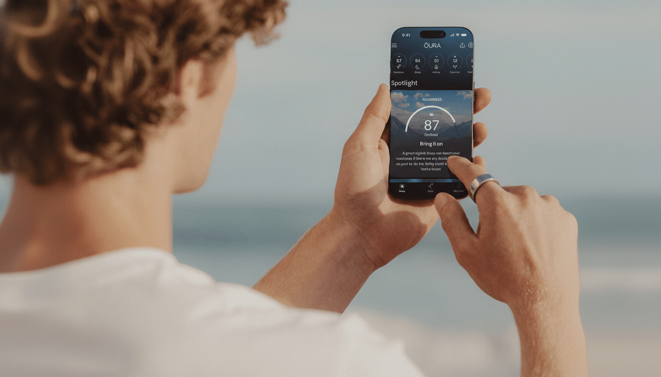 A person holding a smartphone displaying the Oura app , with a  Readiness score of 87 . The background is slightly blurred with a beach scene. Filename : oura appread inessdisplay . png
