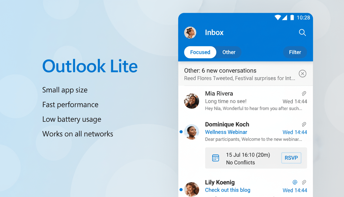 An image promoting Outlook Lite. On the left, the text Outlook Lite is displayed above a bulleted list of features: Small app size, Fast performance,