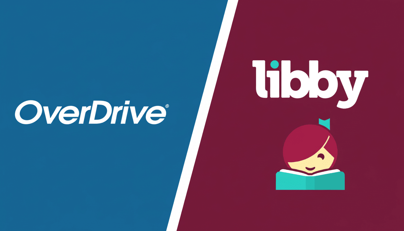 A split image showing the OverDrive logo on a blue background and the Libby app logo on a maroon background, separated by a white diagonal line. Filename : overdrivelib bylogos .png