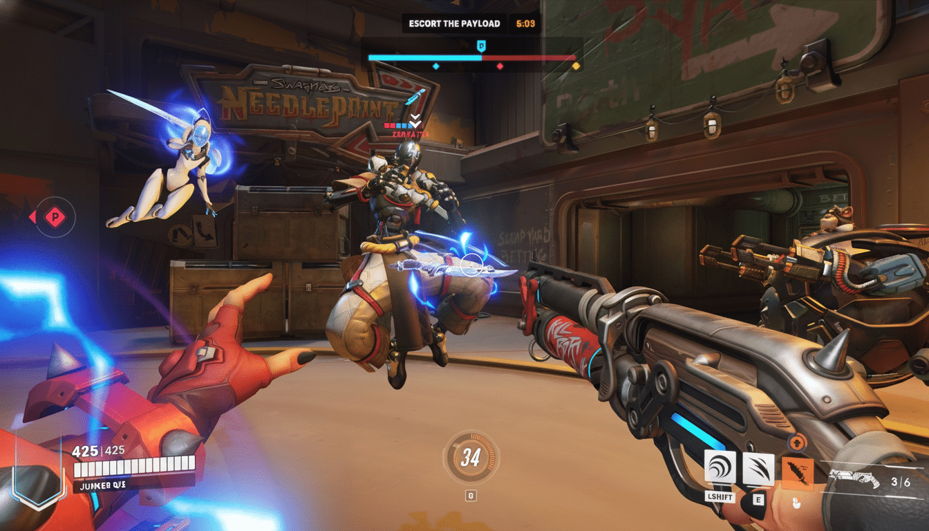 First -person view of a video game match in Overwatch 2 , showing the character Junker Queen holding a shotgun , with other heroes like Zenyatta and Echo visible in the urban environment. The game interface with health, ammo , and objective information is displayed.