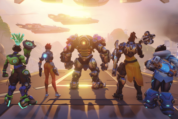 Six Overwatch characters, including Tracer, a large mech, and other heroes, standing on a futuristic platform facing a bright horizon with spaces hips