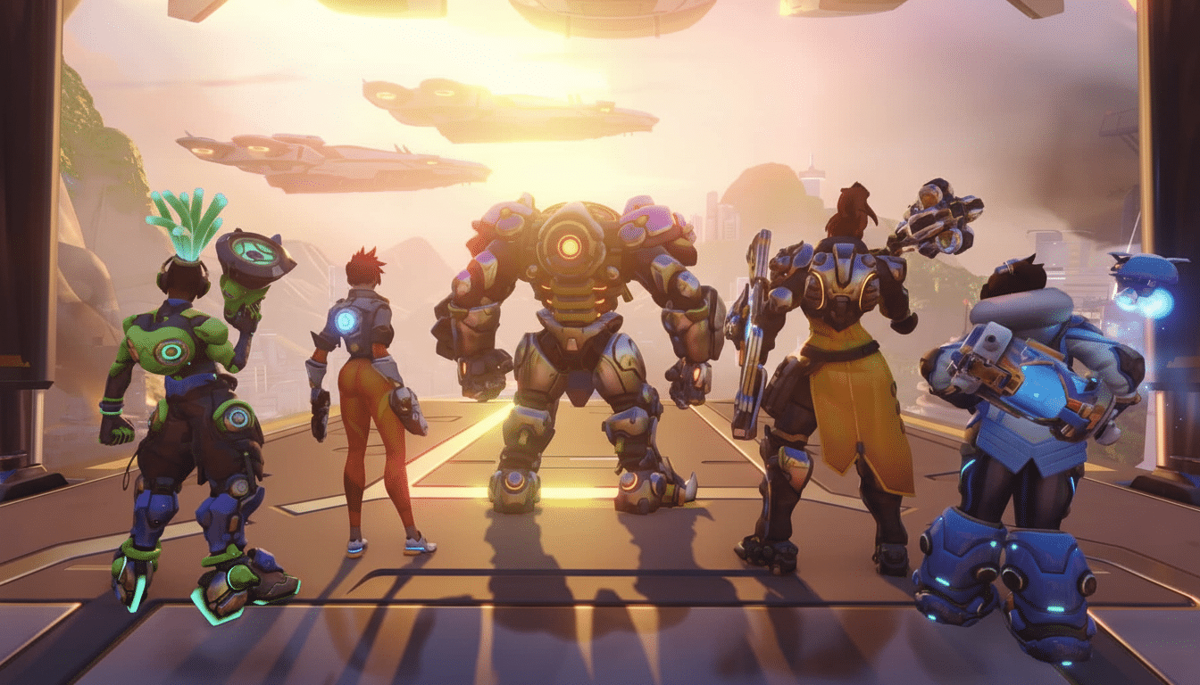 Six Overwatch characters, including Tracer, a large mech, and other heroes, standing on a futuristic platform facing a bright horizon with spaces hips