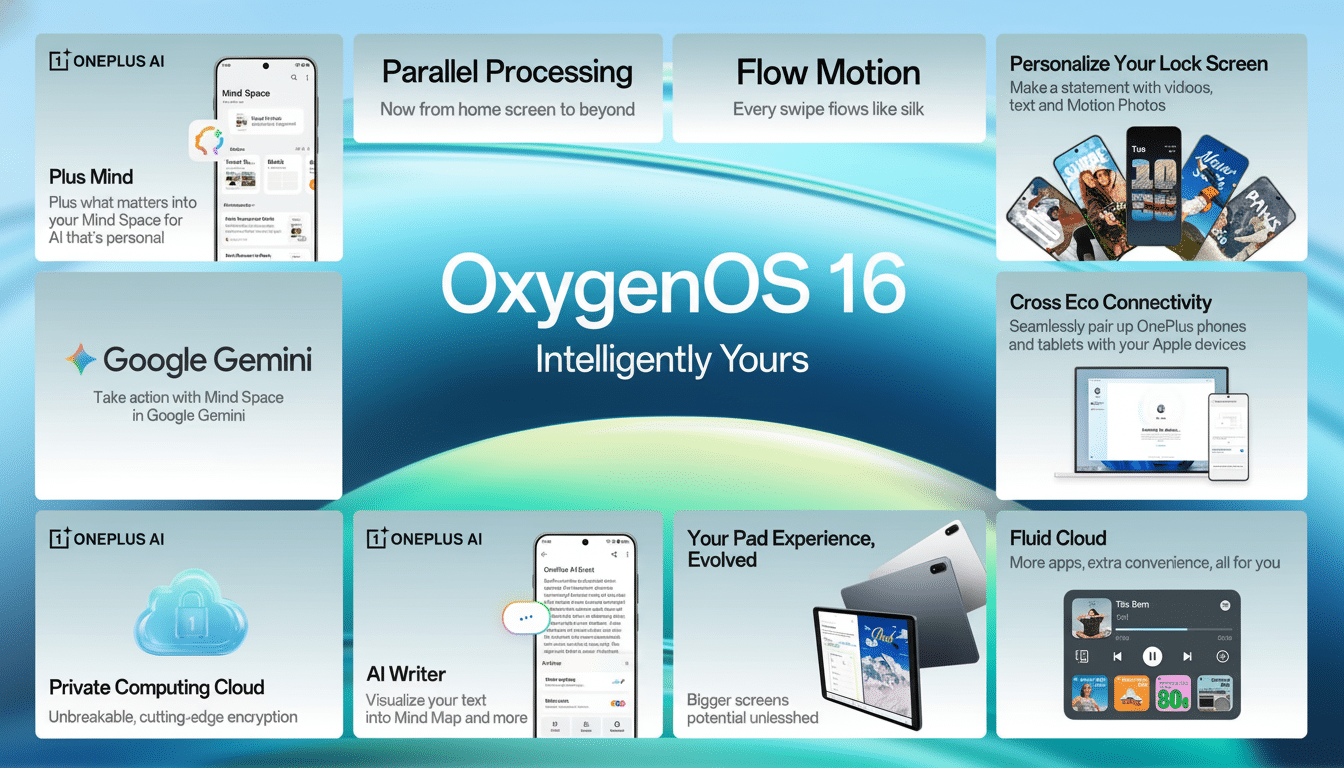An advertisement for OxygenOS 16, highlighting features like Plus Mind , Google Gemini, Private Computing Cloud, AI Writer, Parallel Processing, Flow Motion , Your Pad Experience E volved, Fluid Cloud, Personalize Your Lock Screen, and Cross Eco Connectivity . The central image displays OxygenOS 16 Intellig ently Yours on a light blue and green gradient background. Filename : oxygenos 16features advertisement. png