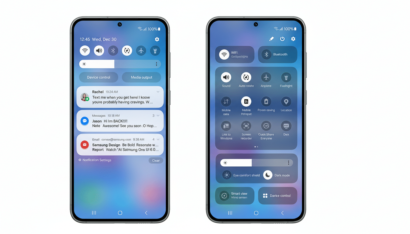 A professional depiction of two modern smartphones side -by-side , showcasing different user interface screens. The left phone displays a notification panel with messages and emails , while the right phone shows the quick settings panel with various togg les like Wi-Fi, Bluetooth, and screen recorder . The background is a clean, professional flat design with a soft blue gradient.