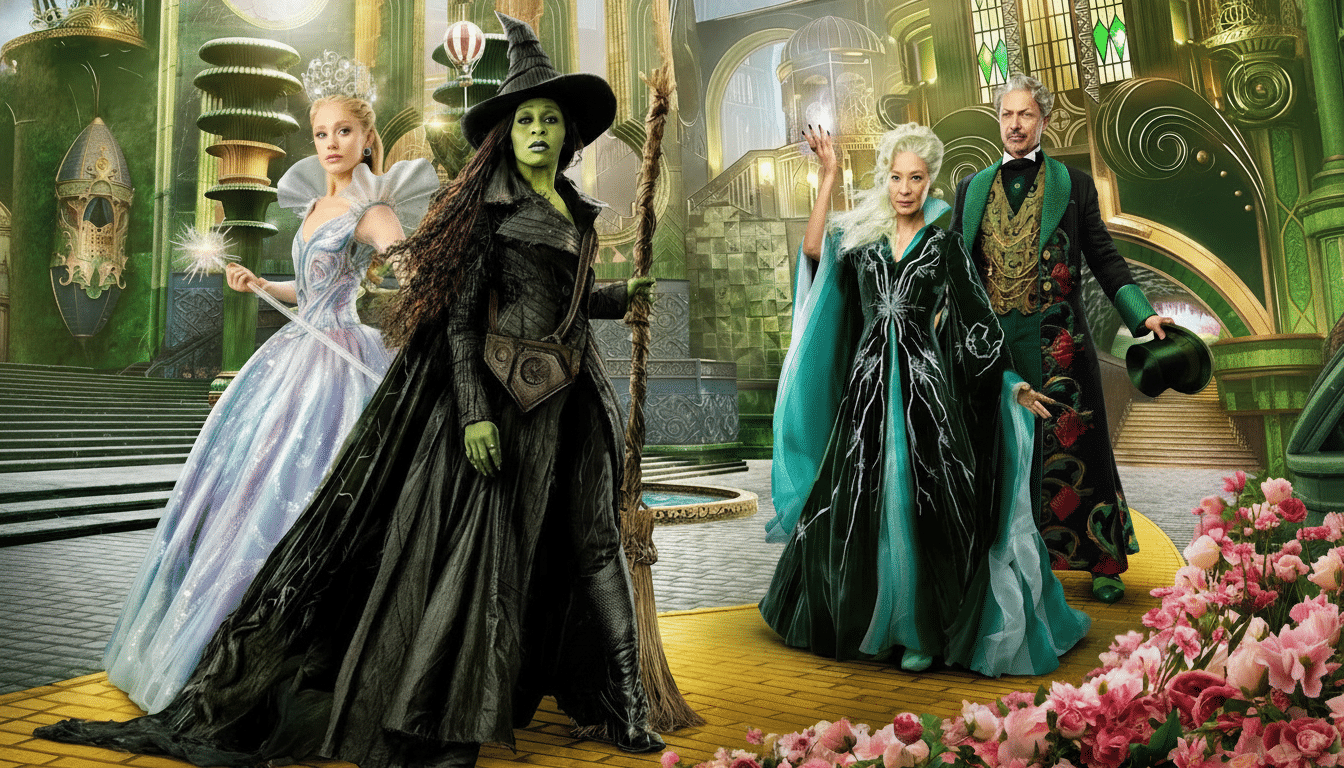 The four main characters from the movie Oz the Great and Powerful  stand in a vibrant green, ornate setting . On the far left, Gl inda the Good Witch is in a sparkling white and light blue gown. Next to her, The odora , the Wicked Witch of the West, is in a black dress with a wide - brimmed hat , holding a broom . To the right, Evan ora , the Wicked Witch of the East, wears a dark gown with flowing teal sleeves. On the far right, Oz, the wizard , is in a green and black suit .